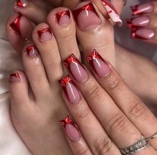 Red French Tips With Heart Designs Press On Nails And Toe Nails Set