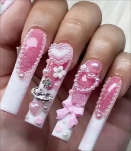Glittery Pink Press On Nails With White French Tips With Pink Zebra Print And Twinkle Star Designs And 3D Decor