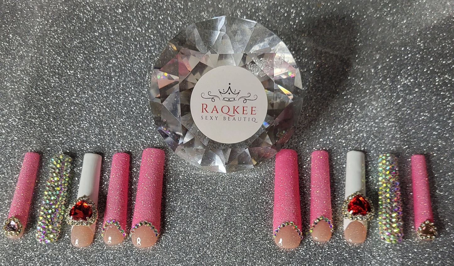 XL Glittery Pink And White French Tips Press On Nails With Full Rhinestones And Heart Decor