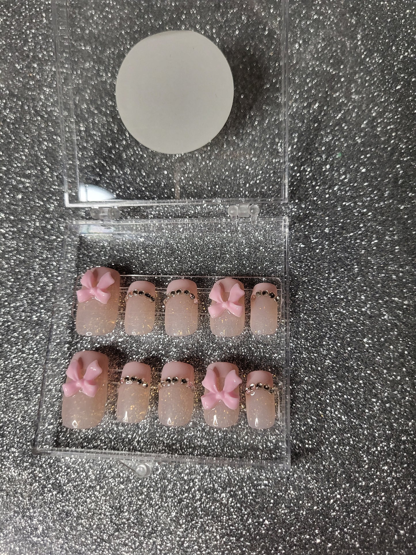 Pink French Tips Press On Nails With Rhinestones And Bow Decor