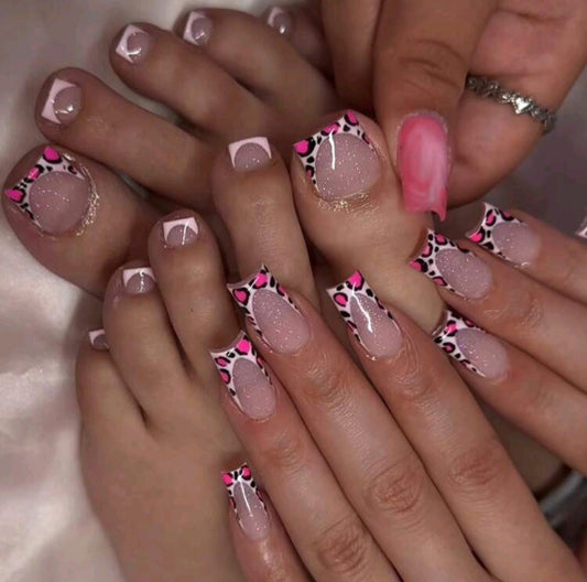 Pink Leopard Print French Tips Press On Nails And Toe Nails Set