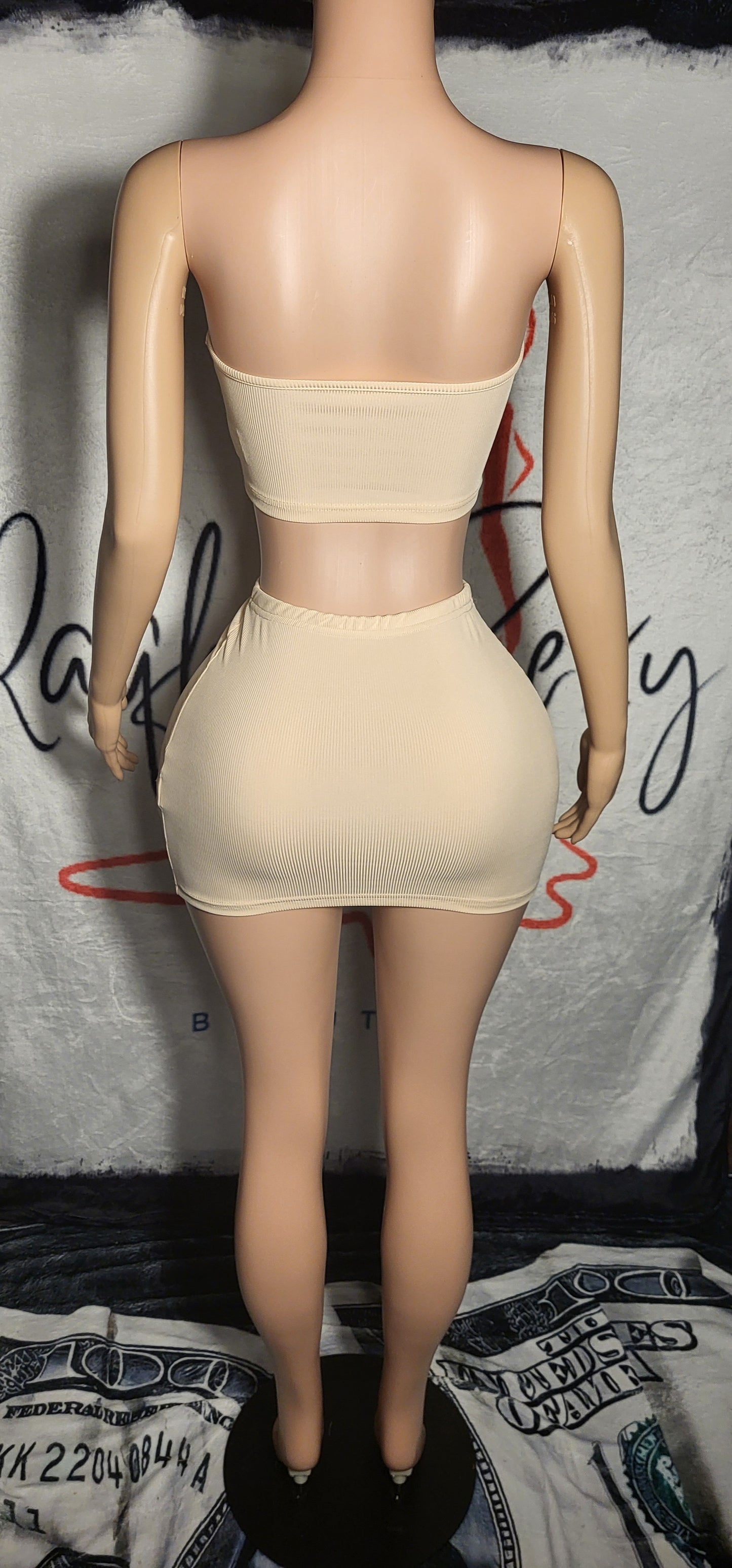 Tan Rib-Knit Tube Top And Skirt Set