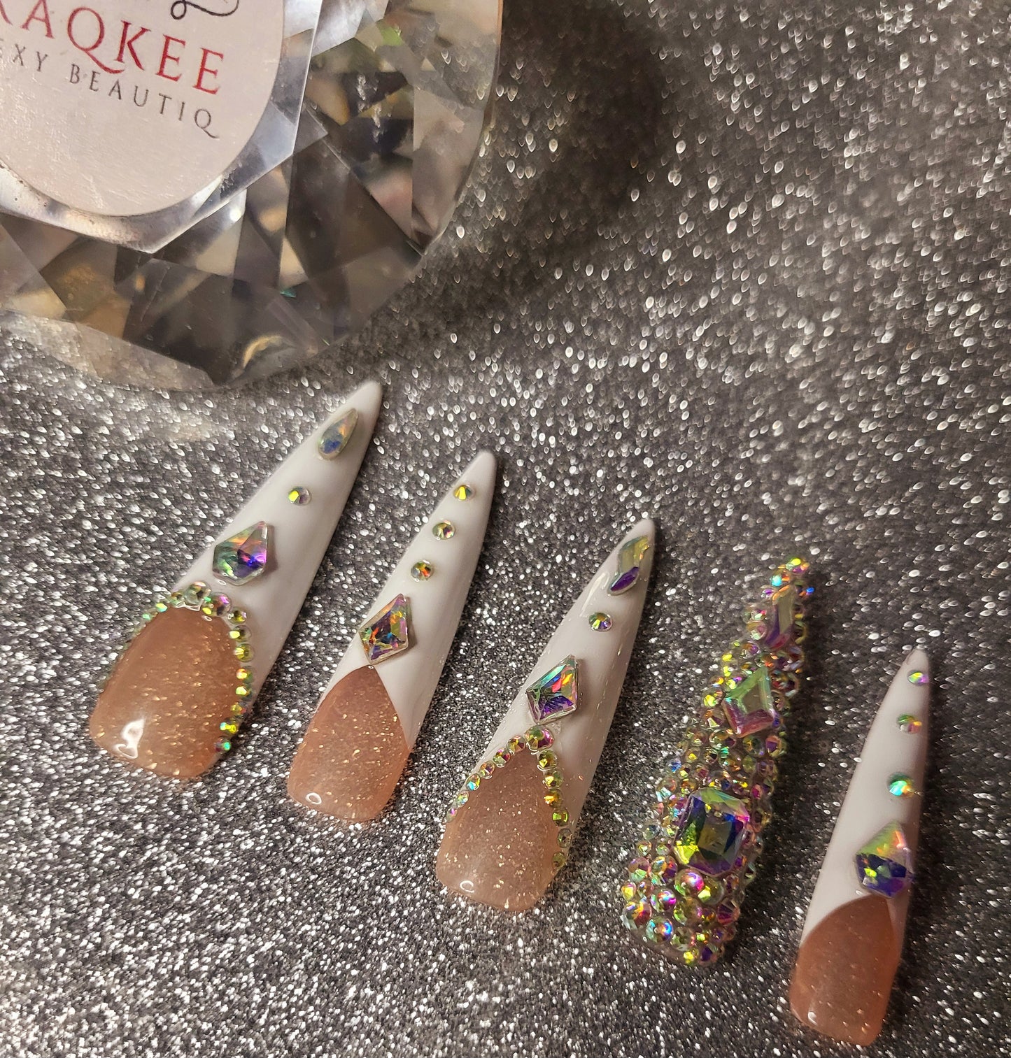 XL White French Tips Press On Nails With Rhinestones