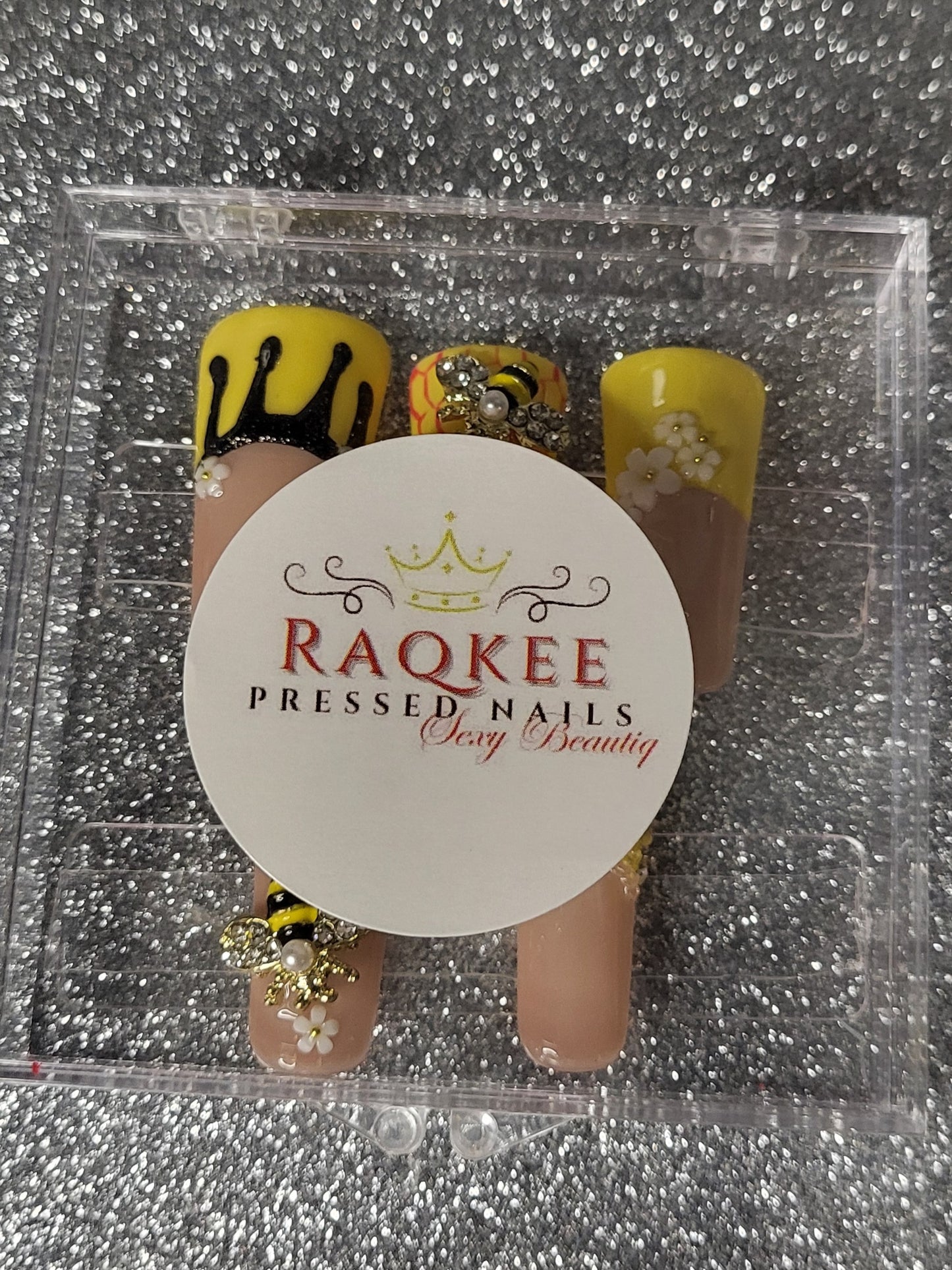 Yellow French Tips Press On Nails With Bee Charms, 3D Floral Decor And Honeycomb Design