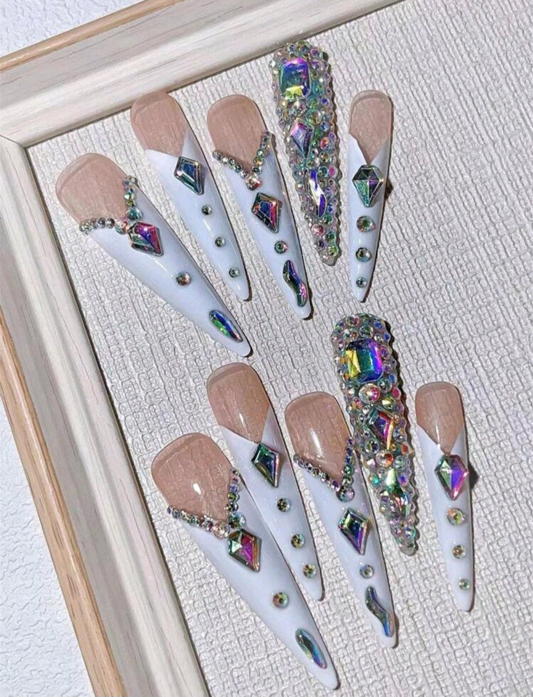 XL White French Tips Press On Nails With Rhinestones
