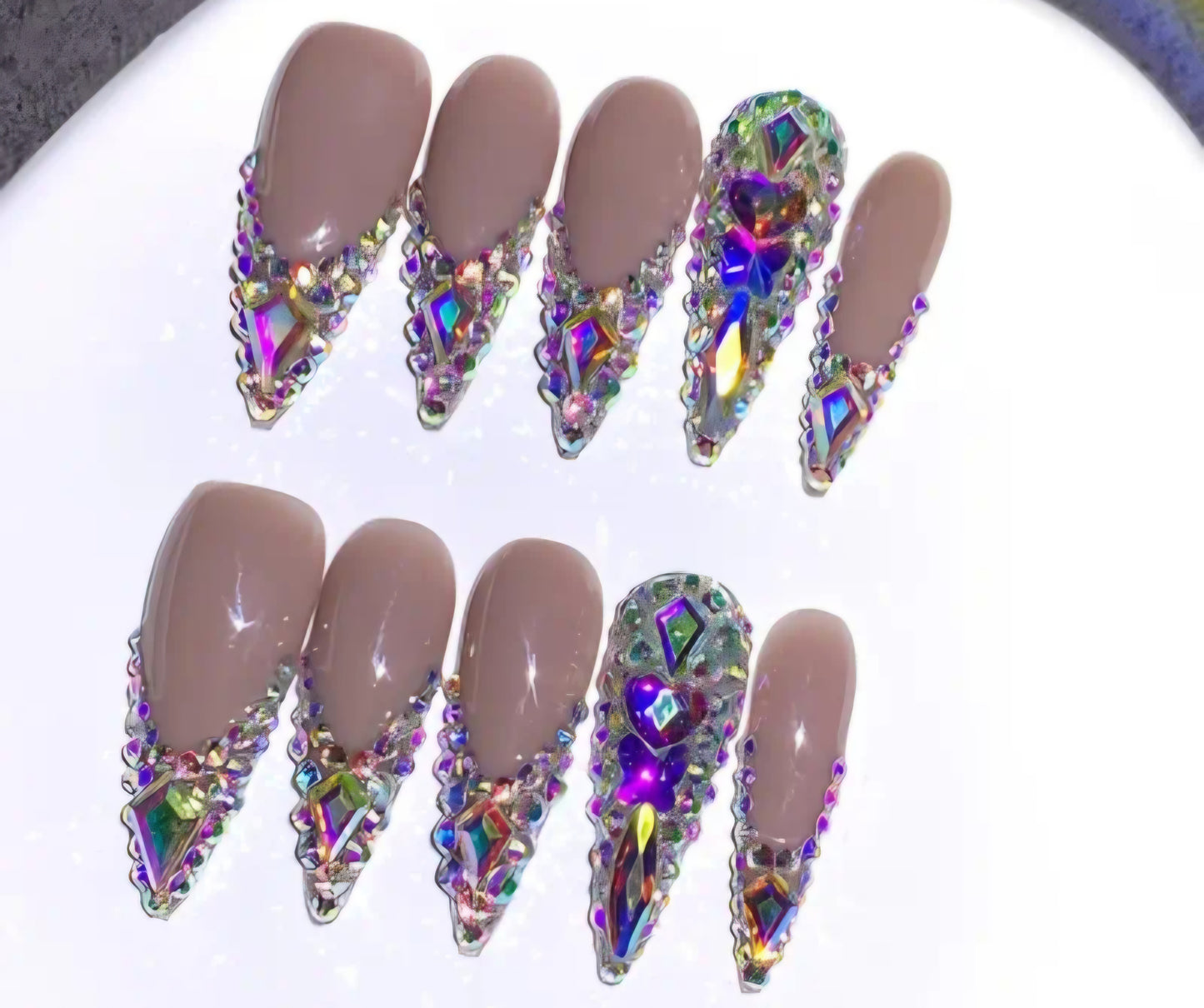 Rhinestone French Tips Press On Nails With Full Cover Rhinestone Decor