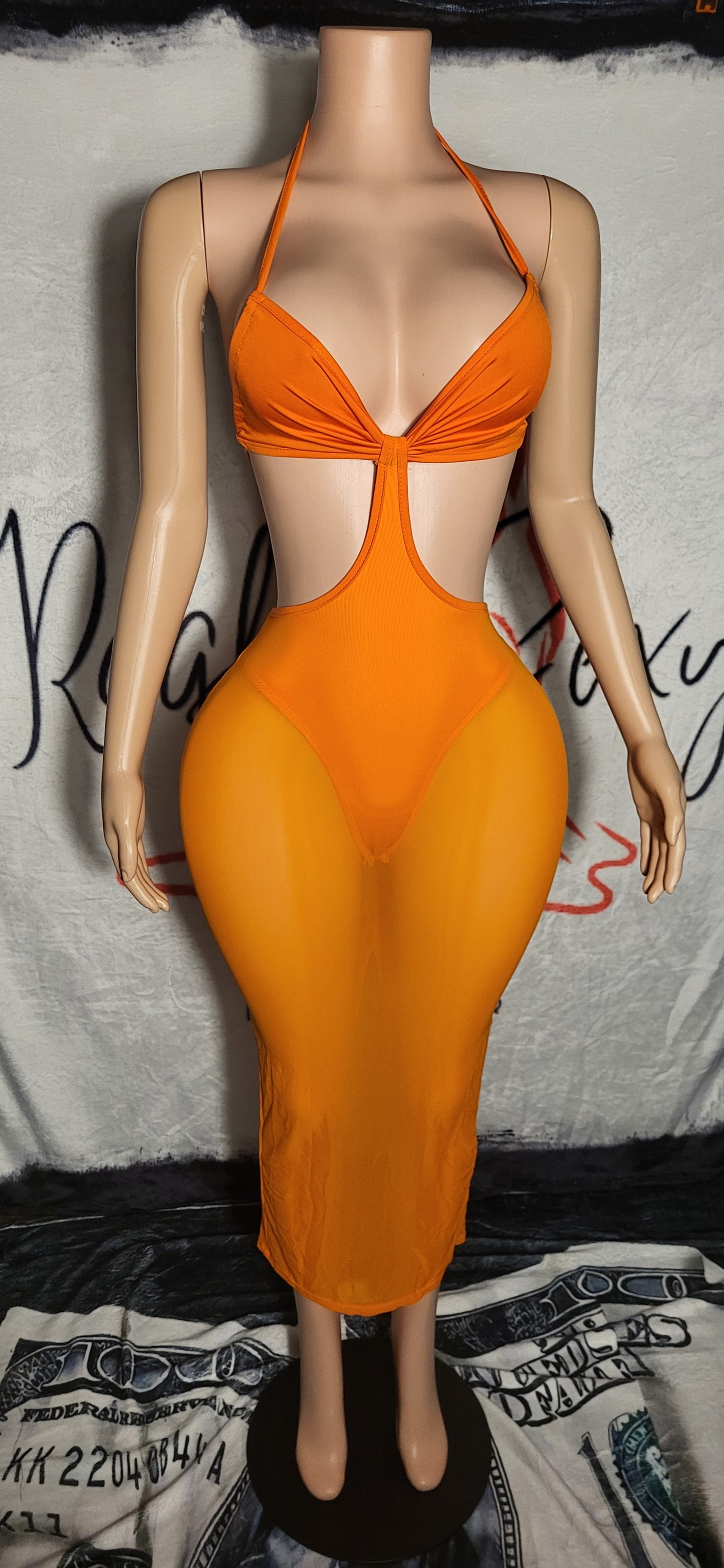 Orange Hollow Out Halter Top Summer Beach Dress