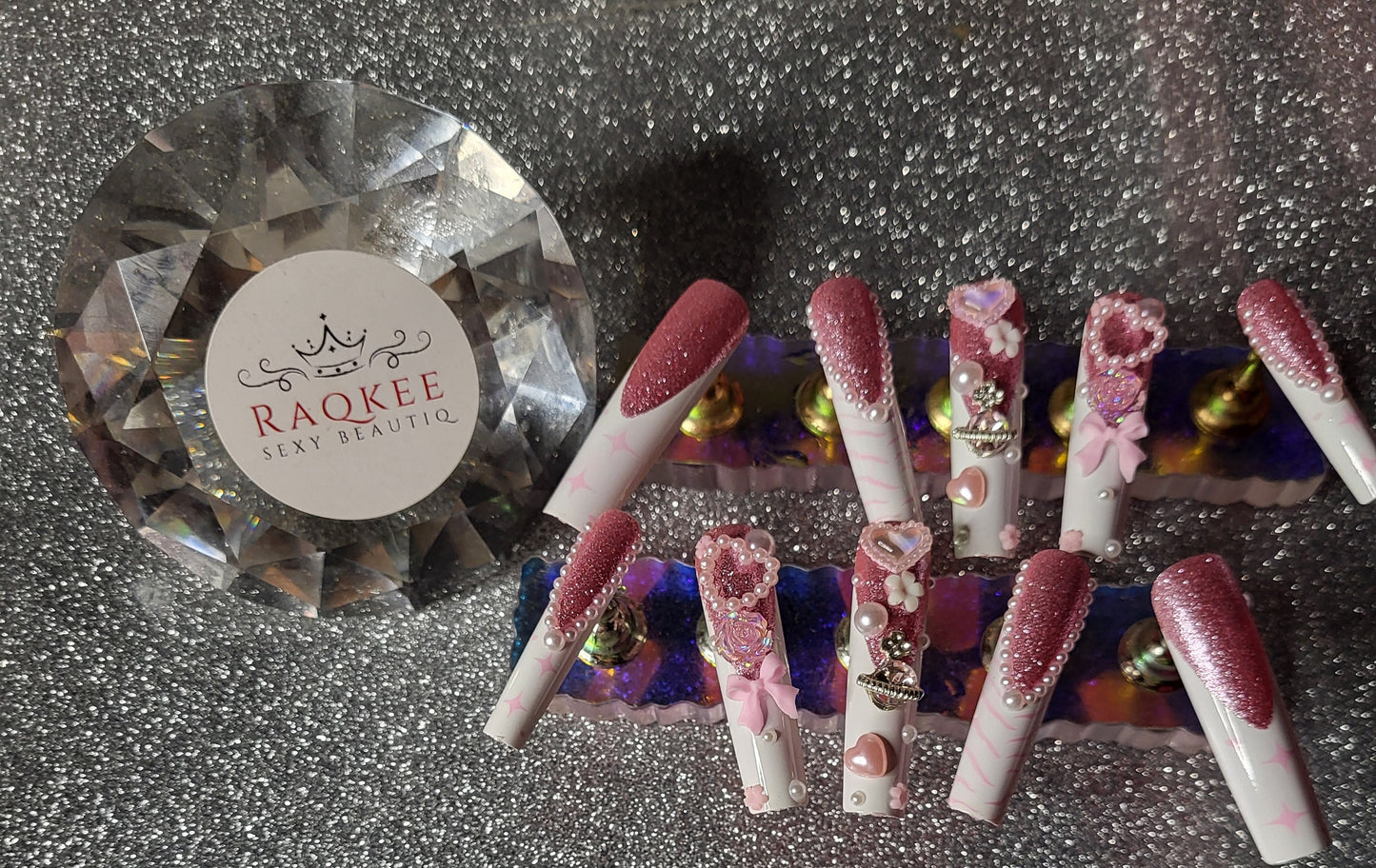 Glittery Pink Press On Nails With White French Tips With Pink Zebra Print And Twinkle Star Designs And 3D Decor