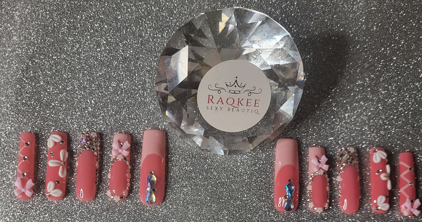 Pink French Tips Press On Nails With Rhinestones And 3D Bow And Flower Decor