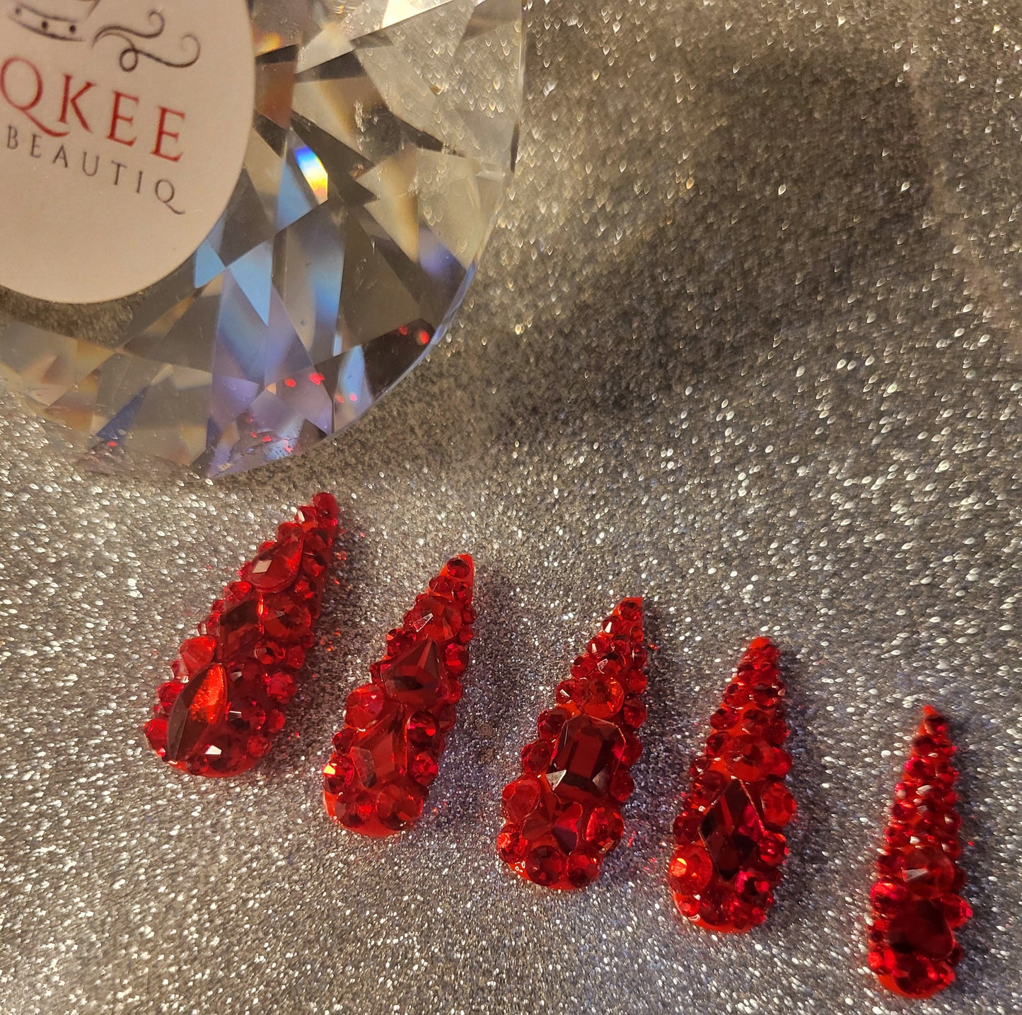 Red Rhinestones Press On Nails