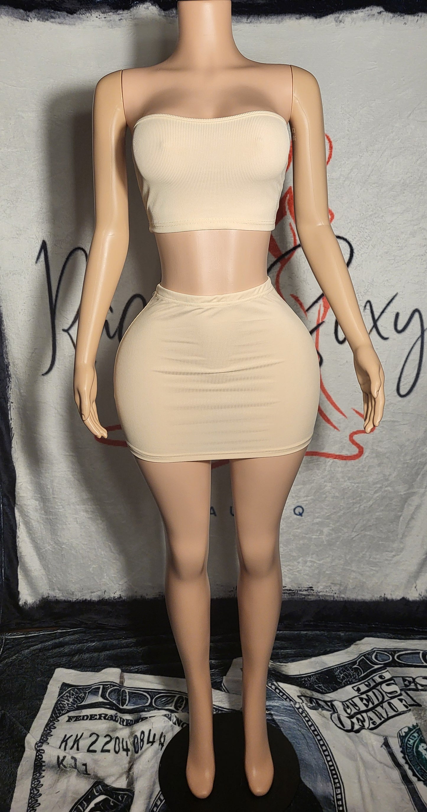 Tan Rib-Knit Tube Top And Skirt Set