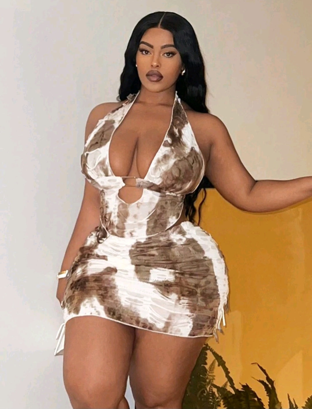 Brown And White Halter Top And Skirt Set