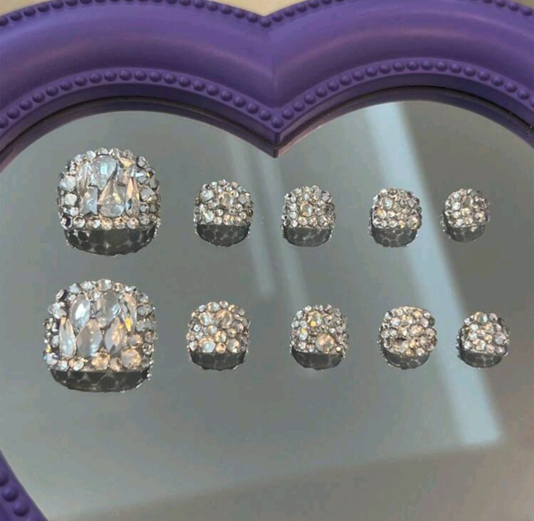 Silver Rhinestones Press On Toe Nails