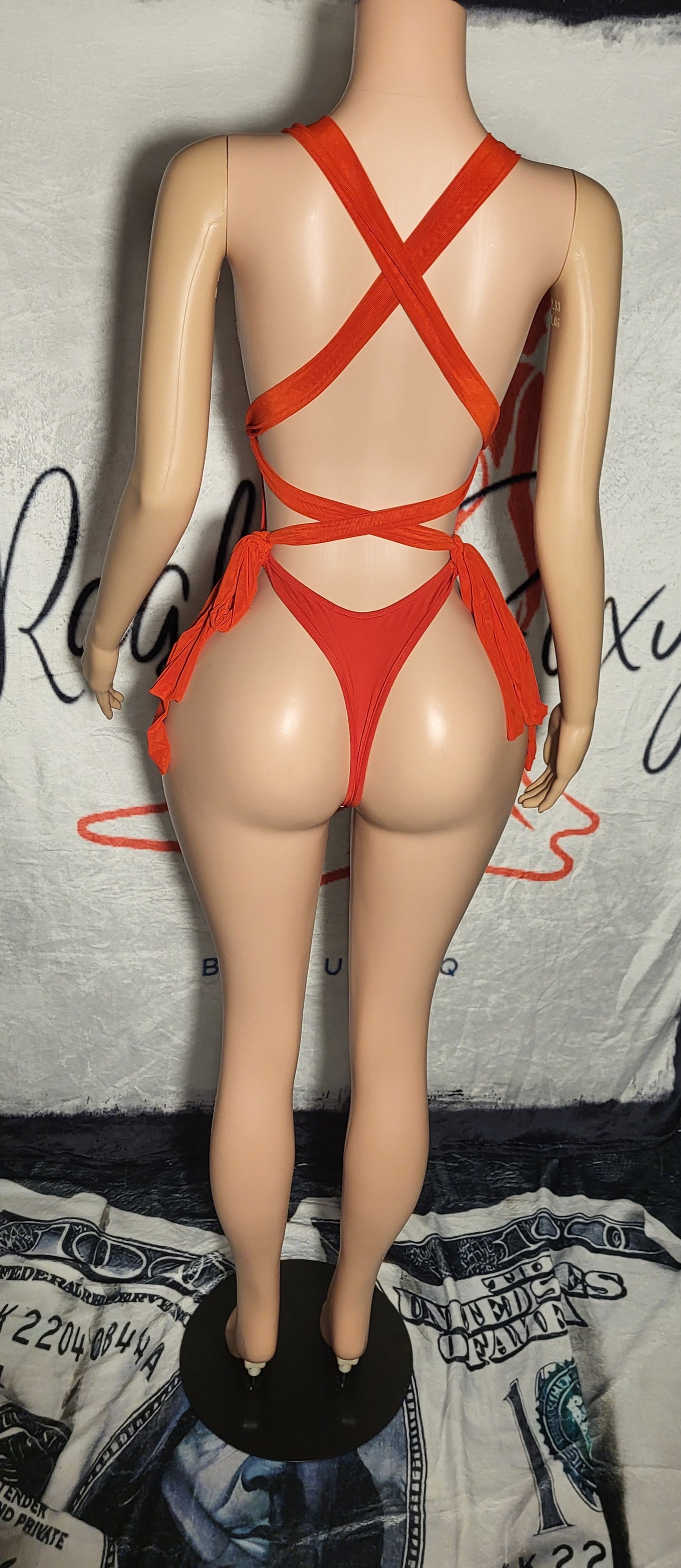 Red One Piece Bathing Suit With Hollow Out Back And Cover Up
