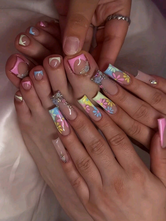 Colorful French Tips Press On Nails And Toe Nails Set With Floral Decor