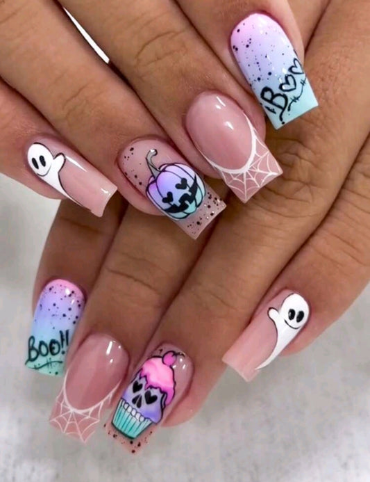 Web French Tips Press On Nails With Ghost, Ombre Pumpkin And Cupcake Designs