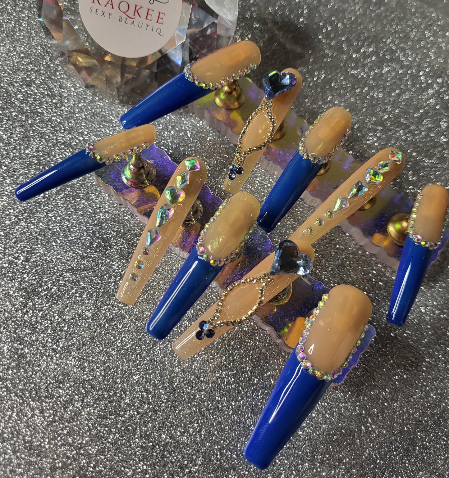 XL Blue French Tips Press On Nails With Rhinestones And Heart Charms