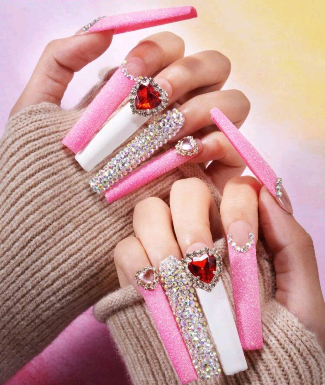 XL Glittery Pink And White French Tips Press On Nails With Full Rhinestones And Heart Decor