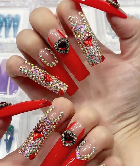 Red French Tips Press On Nails  With Rhinestones And Heart Jewels