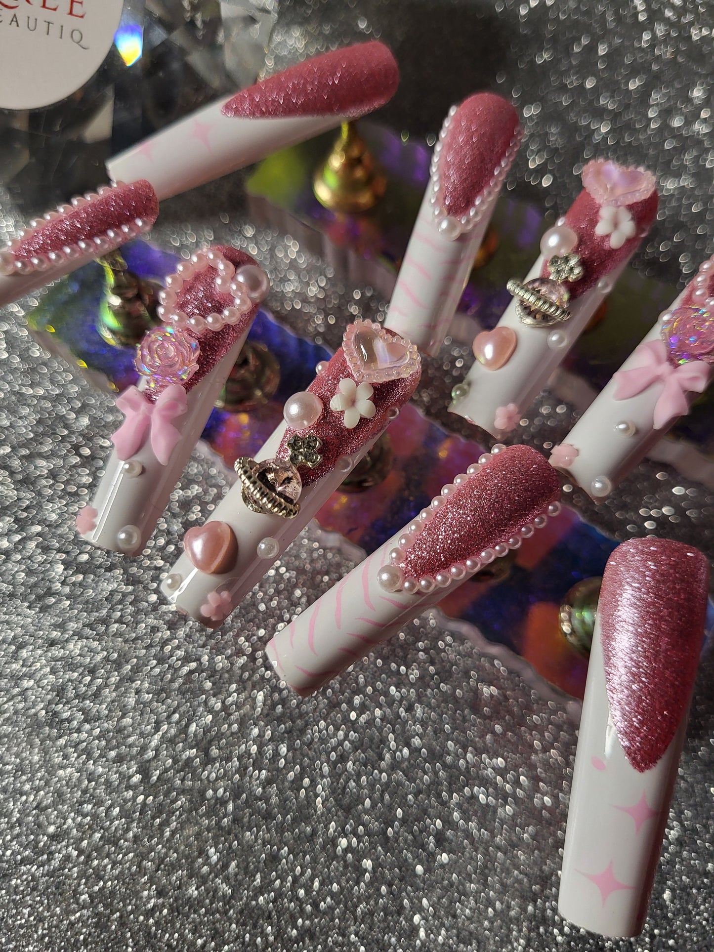 Glittery Pink Press On Nails With White French Tips With Pink Zebra Print And Twinkle Star Designs And 3D Decor