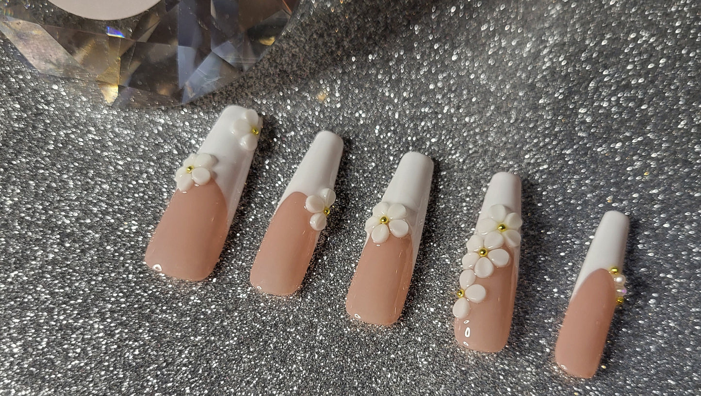 White French Tips Press On Nails With 3D Flower Decor