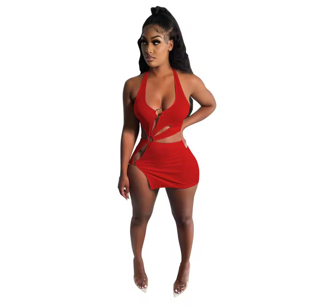 Red Halter Dress With Hollow Out Designs