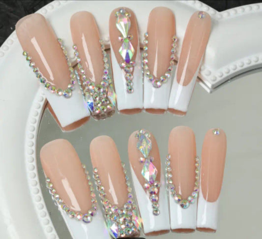 White And Rhinestone French Tips Press On Nails With Rhinestones