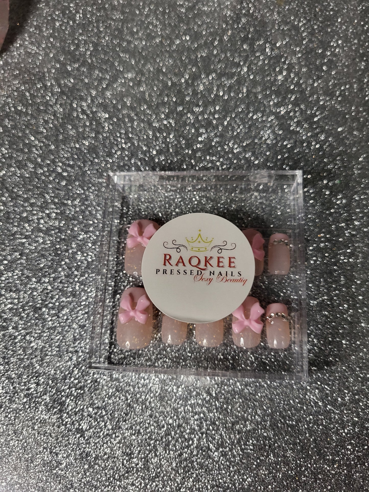 Pink French Tips Press On Nails With Rhinestones And Bow Decor