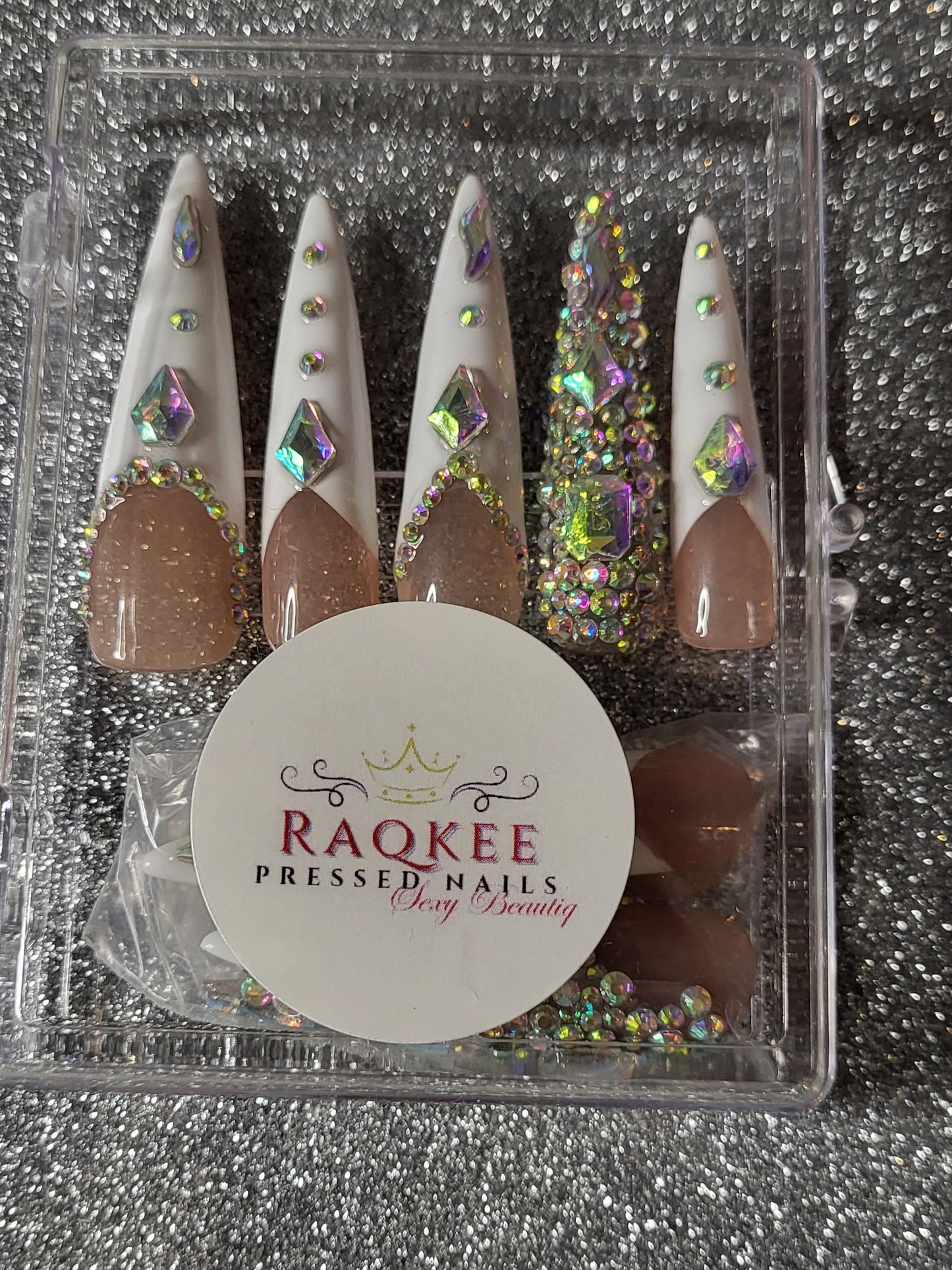 XL White French Tips Press On Nails With Rhinestones