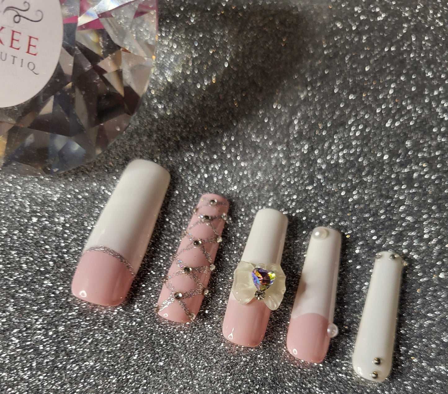 White French Tips Press On Nails With 3D Bow Decor And Rhinestones