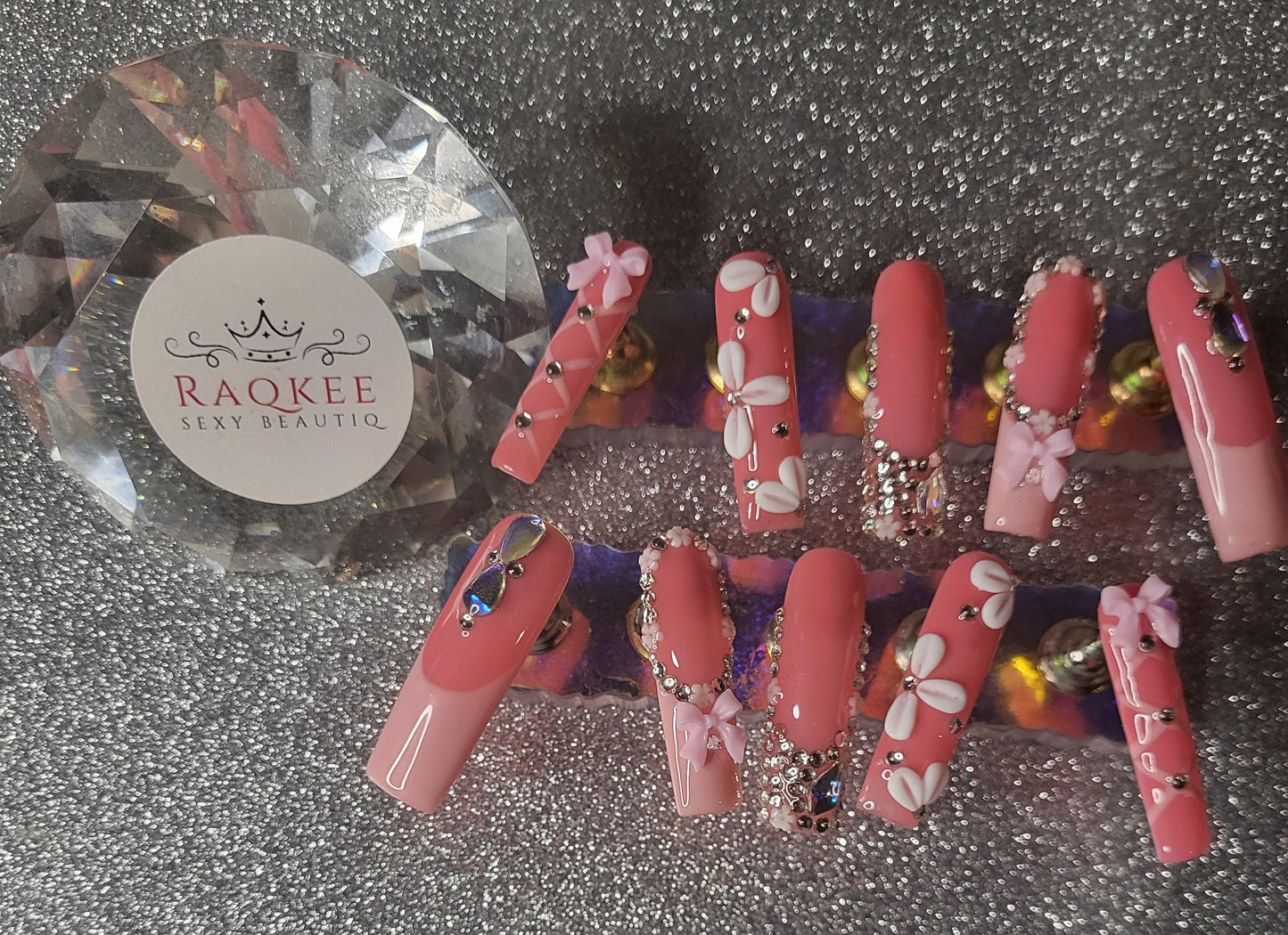 Pink French Tips Press On Nails With Rhinestones And 3D Bow And Flower Decor