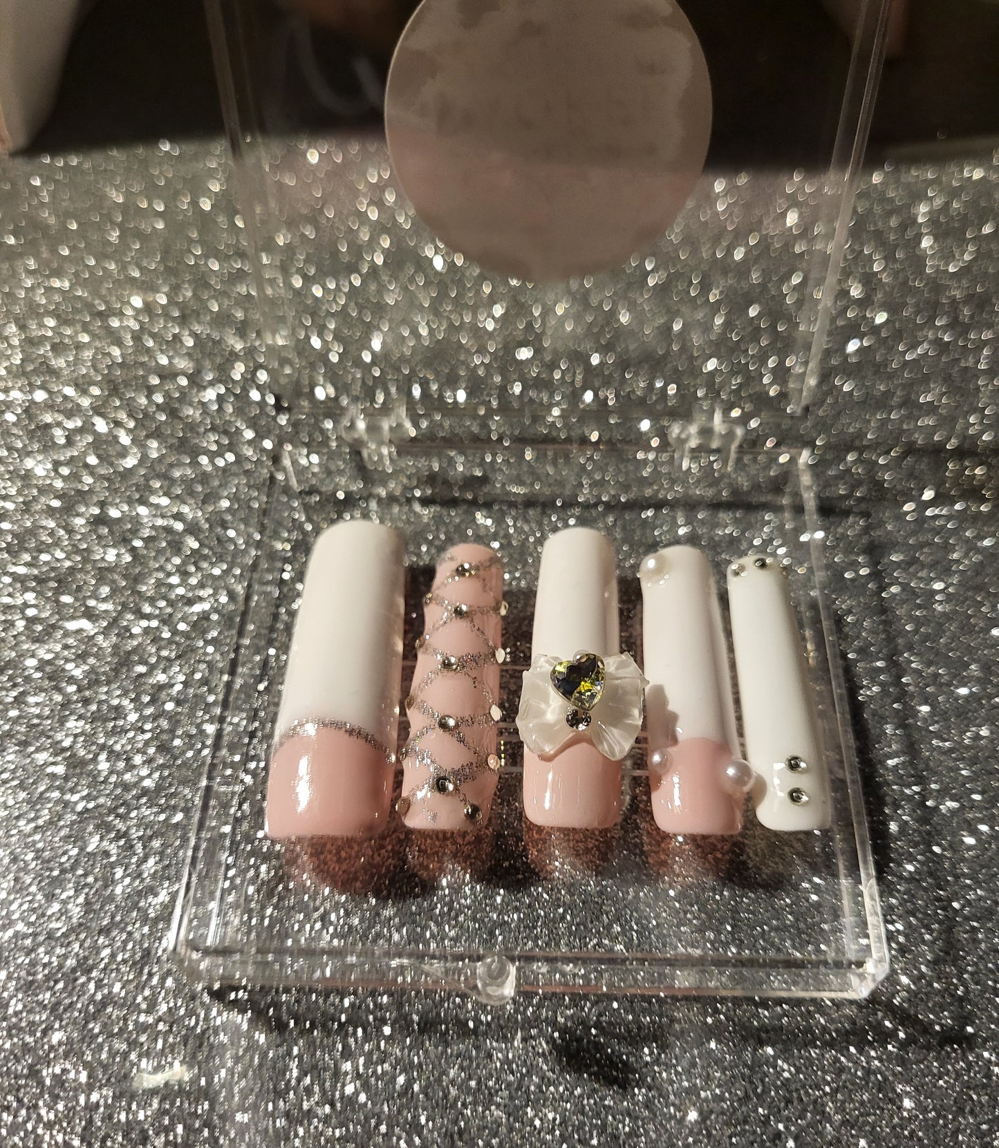 White French Tips Press On Nails With 3D Bow Decor And Rhinestones