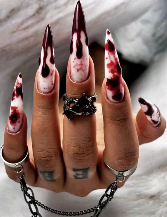Dark Blood Dripping French Tips Press On Nails With Blood Splatter