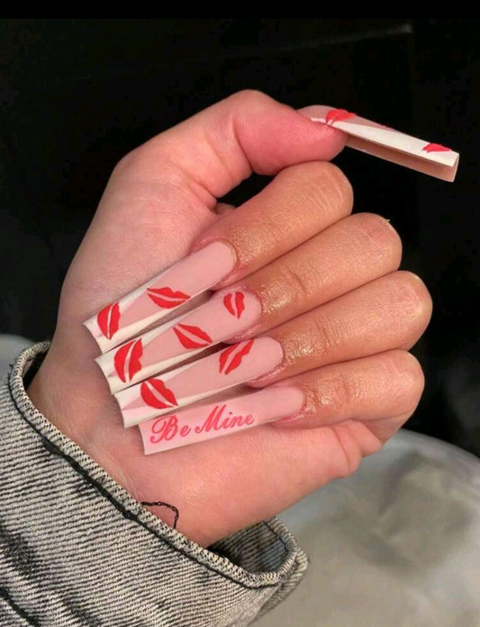 'Be Mine' White French Tips Press On Nails With Red Lips Designs