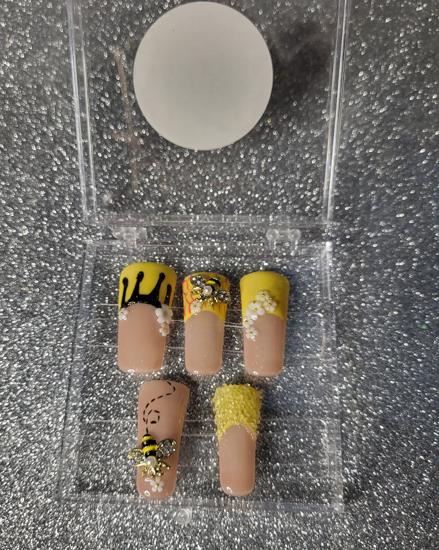 Yellow French Tips Press On Nails With Bee Charms, 3D Floral Decor And Honeycomb Design