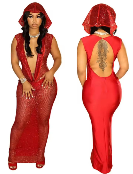 Red Hooded Dress With Sequins