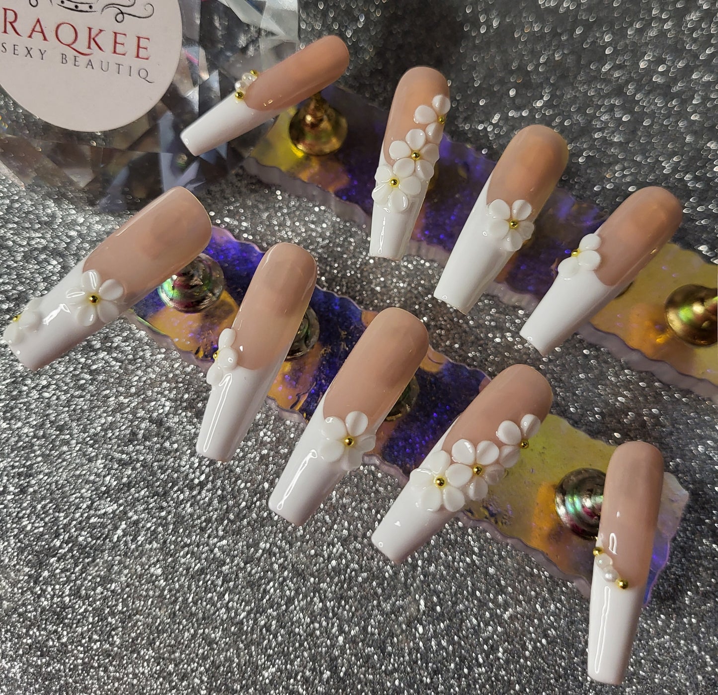 White French Tips Press On Nails With 3D Flower Decor