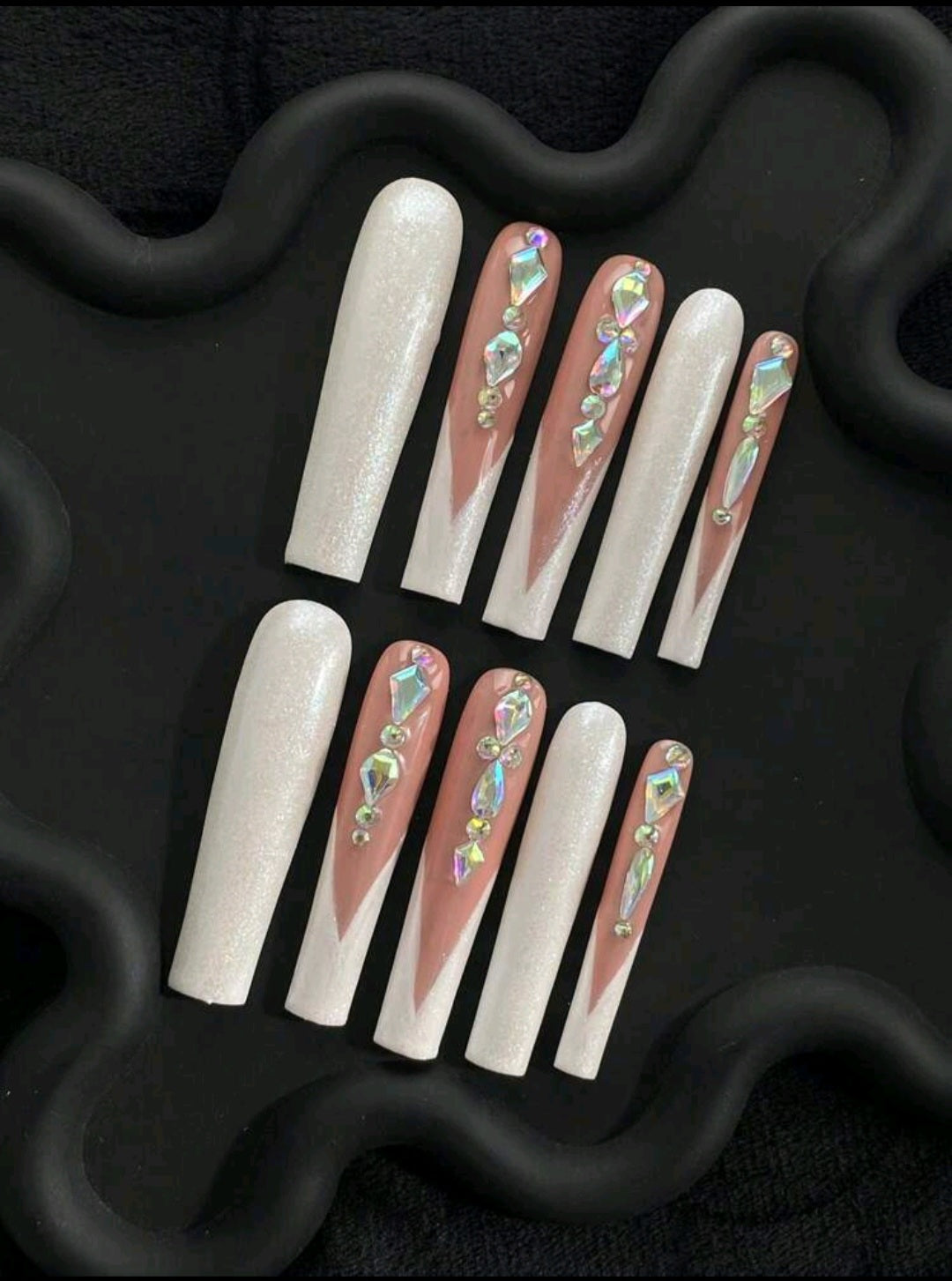 XL Glittery White French Tips Press On Nails With Rhinestones