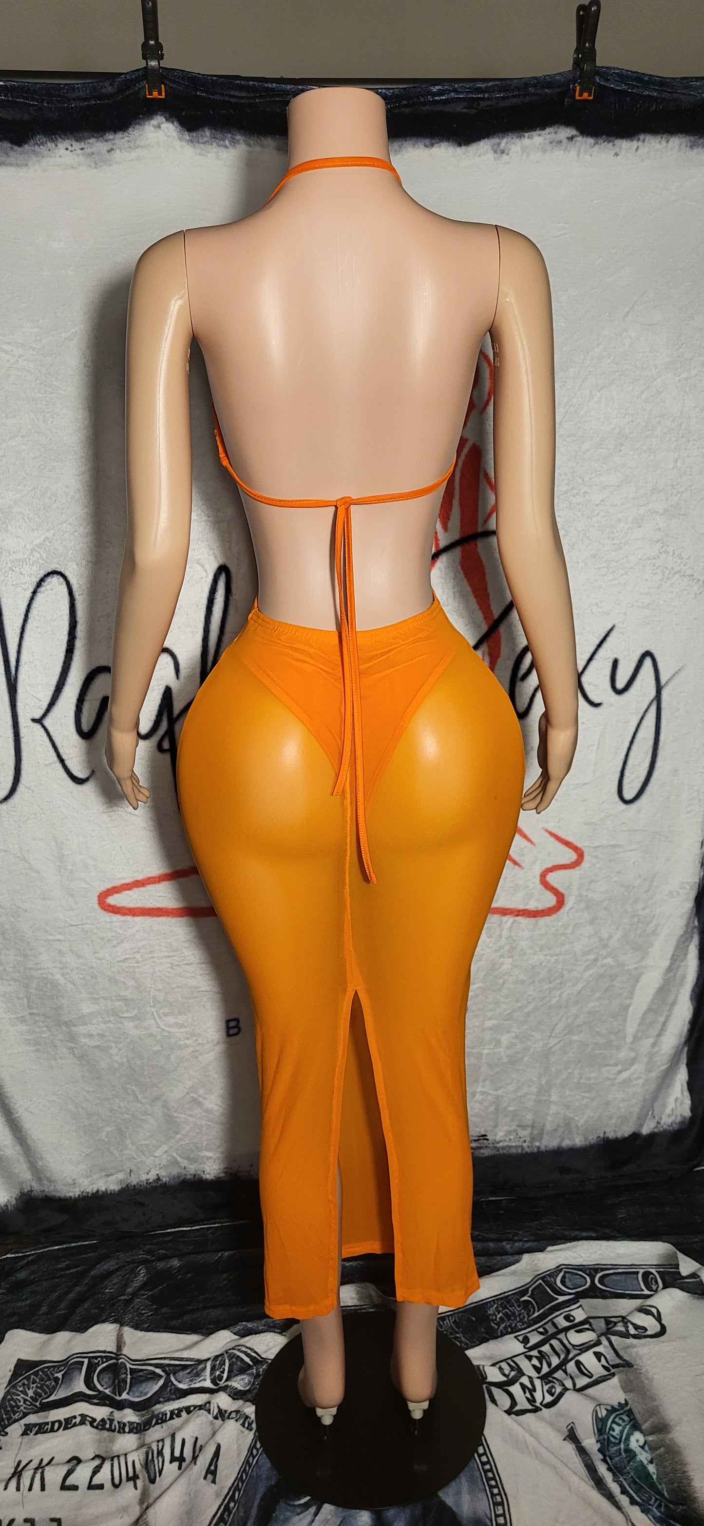 Orange Hollow Out Halter Top Summer Beach Dress