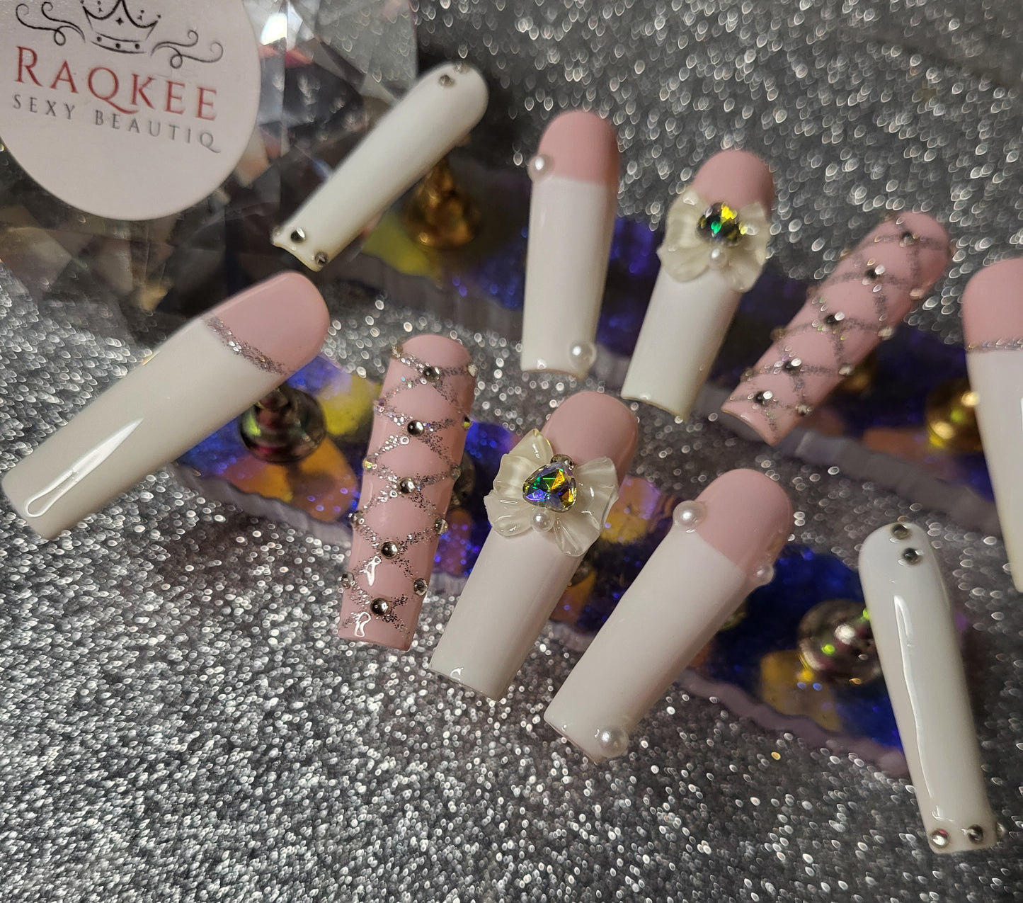 White French Tips Press On Nails With 3D Bow Decor And Rhinestones