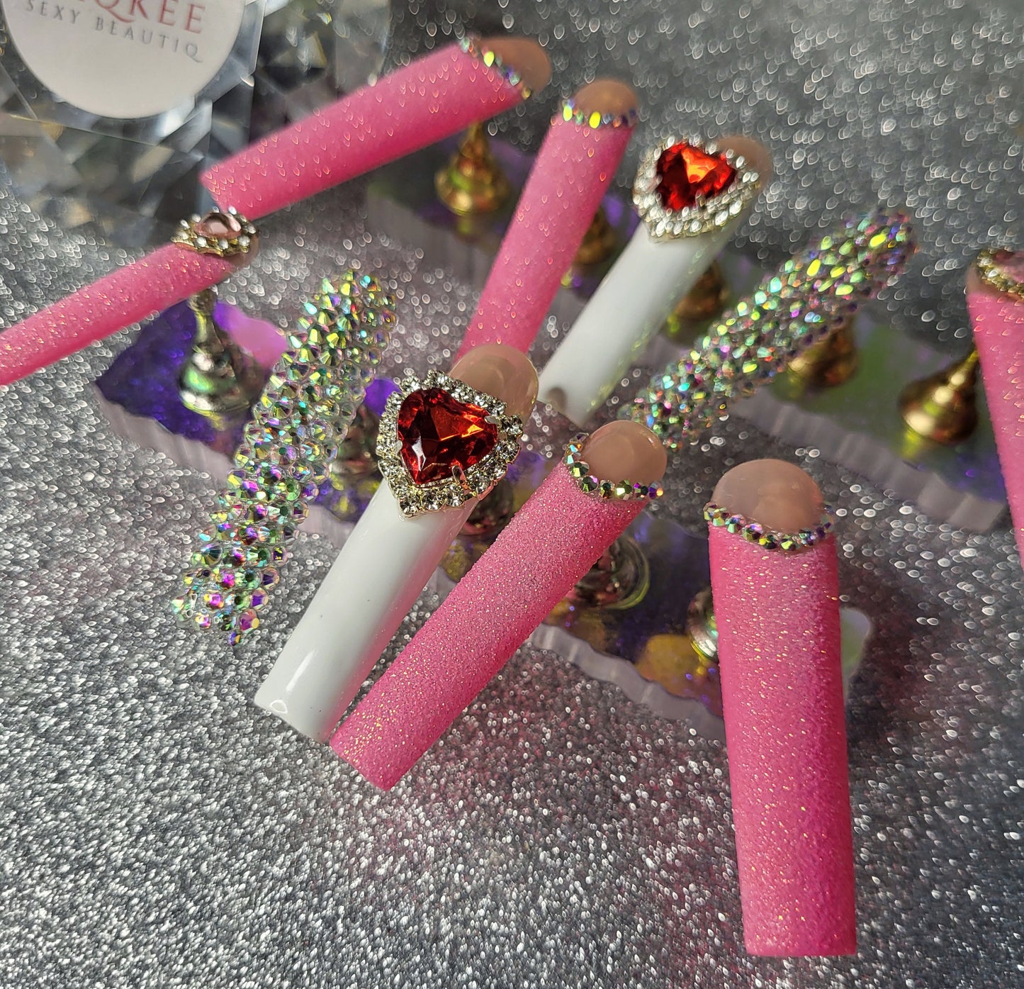 XL Glittery Pink And White French Tips Press On Nails With Full Rhinestones And Heart Decor