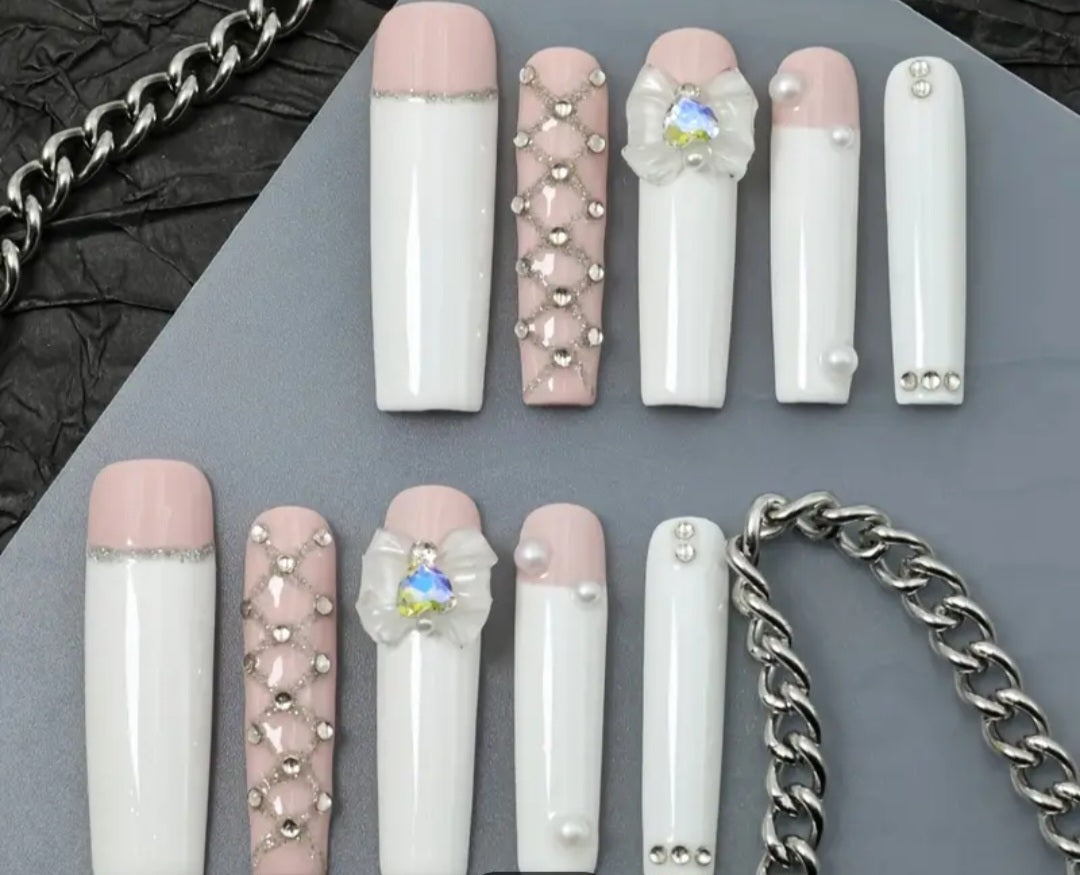 White French Tips Press On Nails With 3D Bow Decor And Rhinestones