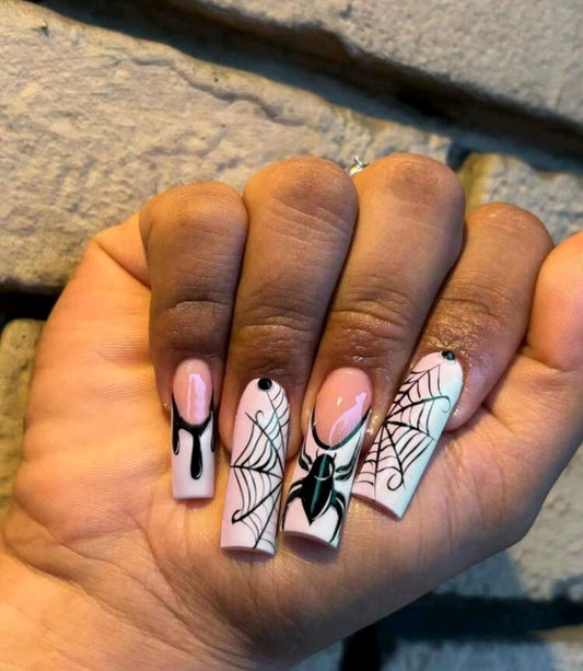 White French Tips Press On Nails With Web, Spider And Dripping Blood Designs