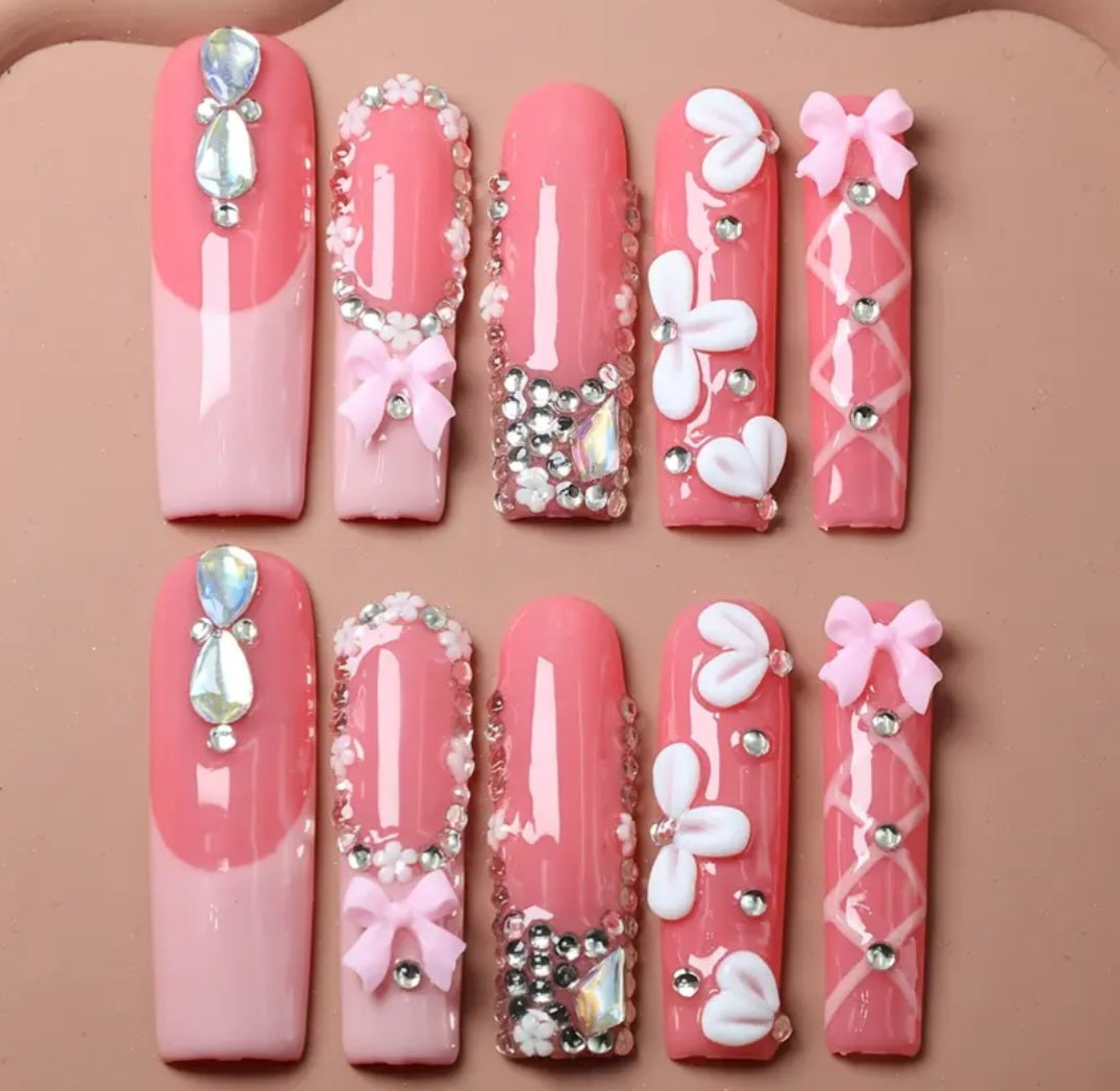 Pink French Tips Press On Nails With Rhinestones And 3D Bow And Flower Decor