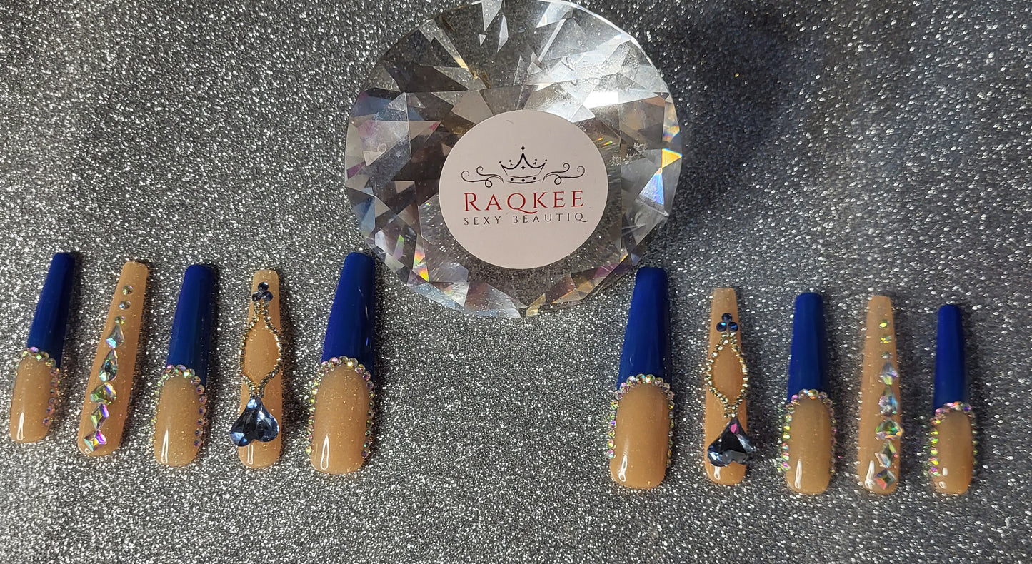 XL Blue French Tips Press On Nails With Rhinestones And Heart Charms