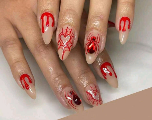 Red Dripping Blood, Spider, Web And Heart Designs Press On Nails