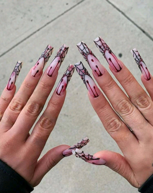 Web Designs French Tips Press On Nails With Dripping Blood Designs