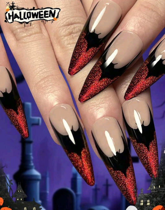 Glittery Red French Tips Press On Nails With Bat Designs
