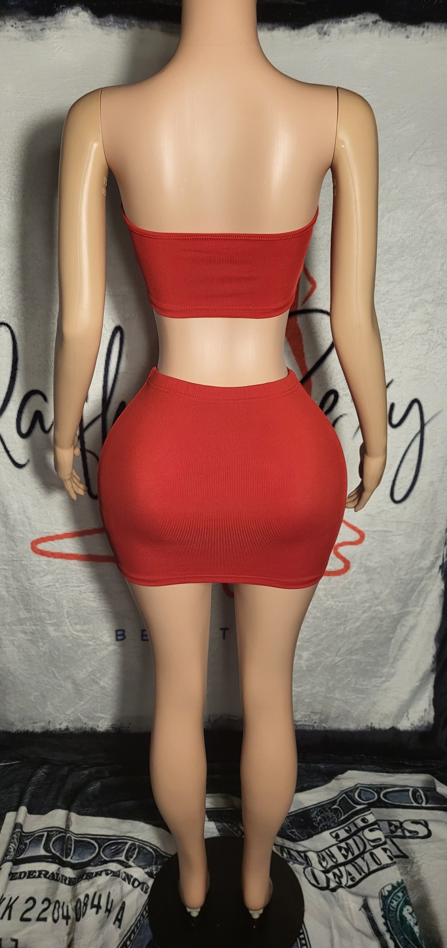 Red Rib-Knit Tube Top And Skirt Set