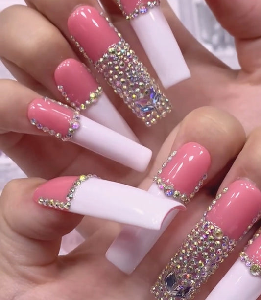 White And Rhinestone French Tips Press On Nails With Rhinestone Outlines